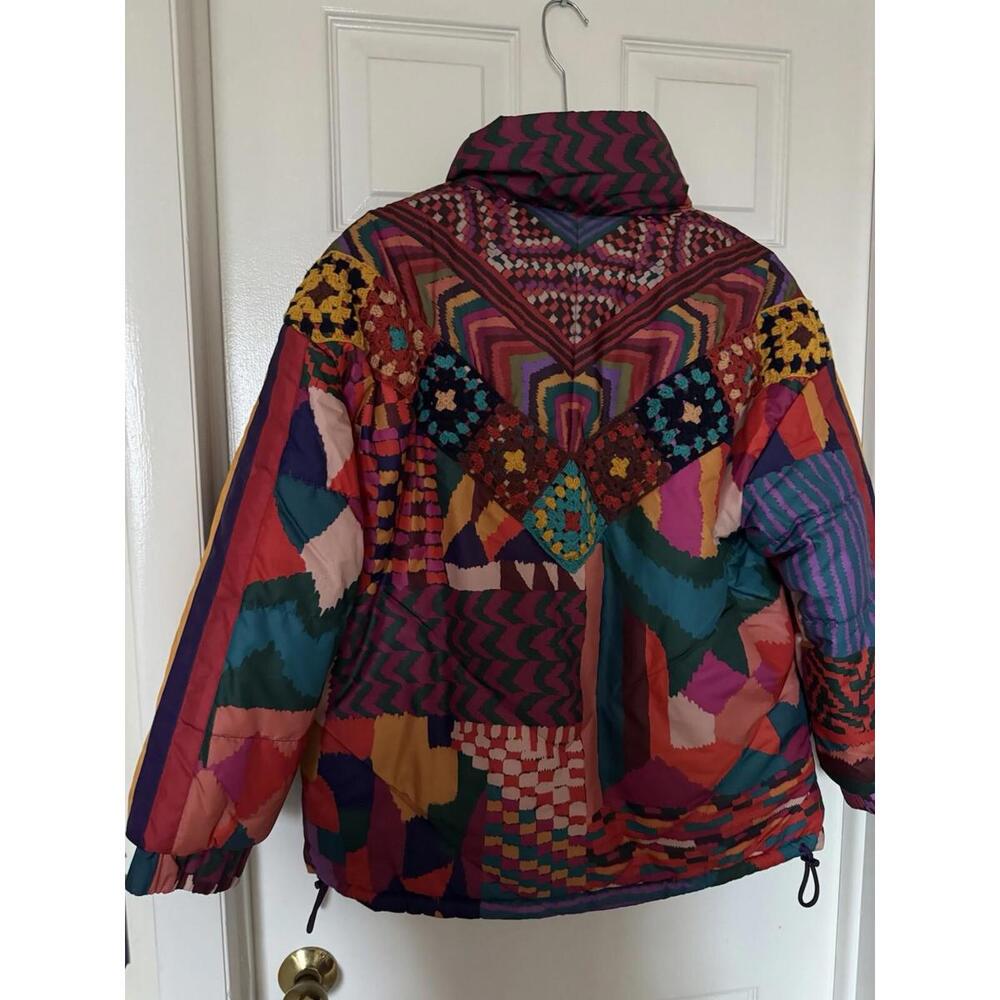 Farm Rio Women's XS Red Abstract Patches Reversible Full Zip Puffer Jacket NEW - Picture 9 of 16